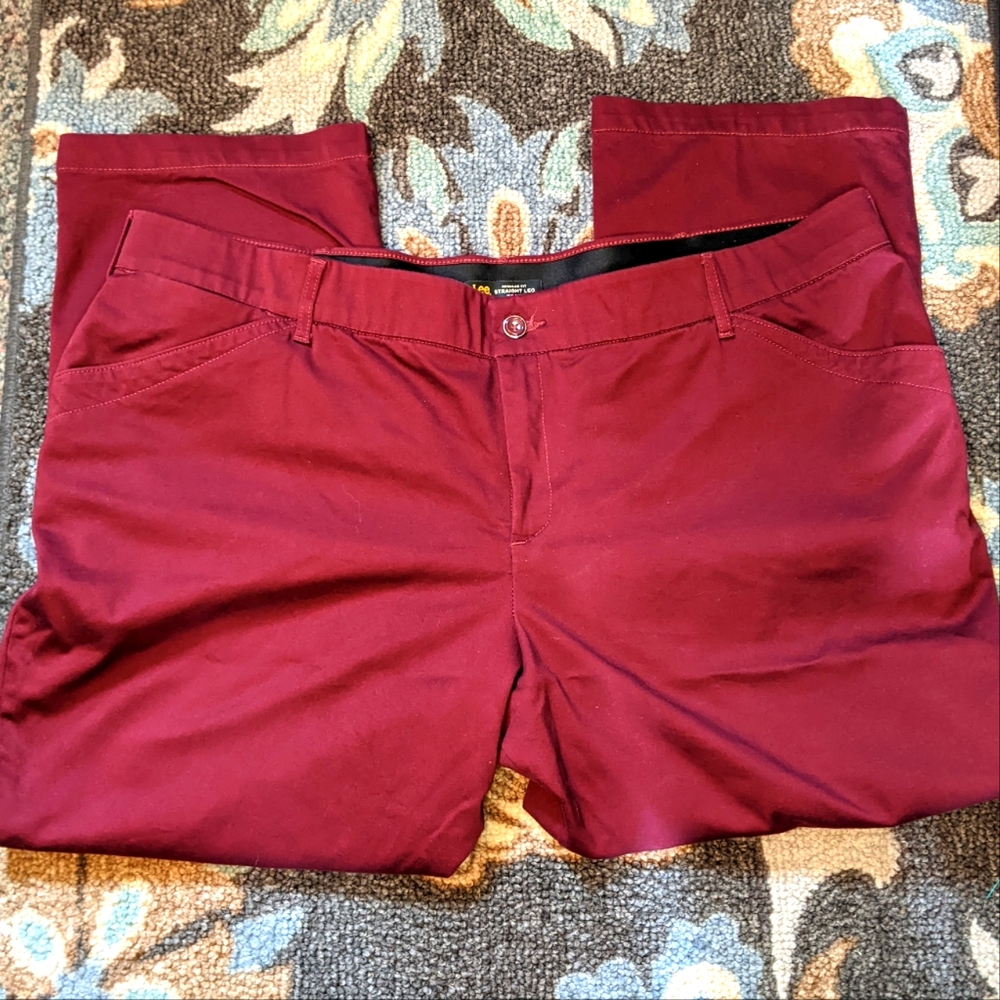 Lee Regular Fit Straight Leg Mid-Rise Flex-Motion Trousers, Burgundy, 24W Petite